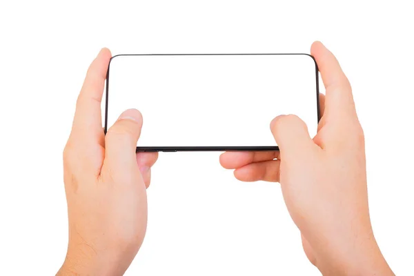 One Hand Trzyma Nowy Smartfon Białym Tle Izolat Smartfona — Zdjęcie stockowe