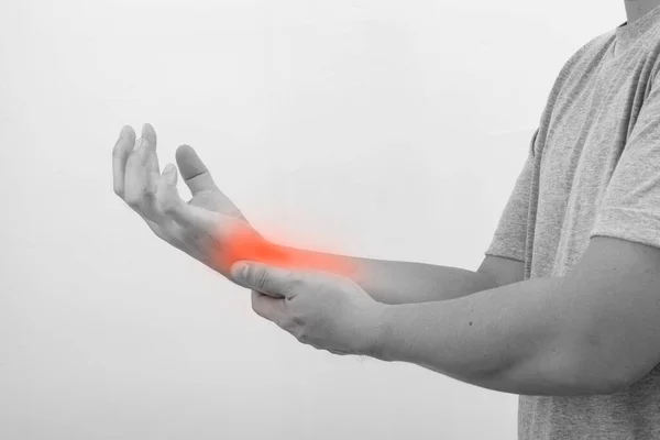 Man Wrist Pain Closeup Male Arms Holding His Painful Wrist — Stock Photo, Image