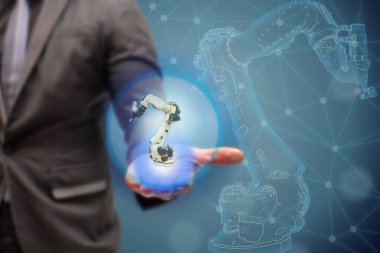 çok akıllı fabrika, sanayi 4.0 teknoloji kavramı, mühendis Haritayı 3d robot operasyon satırı, Futuristic yeni trend teknoloji üzerinde sahte güneş ışığı ile otomasyon fabrika arka plan