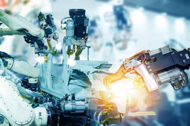 çok akıllı fabrika, sanayi 4.0 teknoloji kavramı, robot kol operasyon satırı, Futuristic yeni trend teknoloji üzerinde sahte güneş ışığı ile otomasyon fabrika arka plan