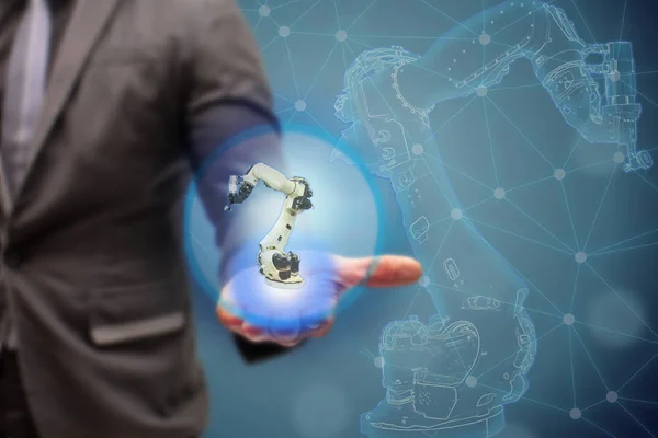 Iot Smart Factory Koncepcja Technologii Przemysłu Inżynier Pokaż Robota Tle — Zdjęcie stockowe
