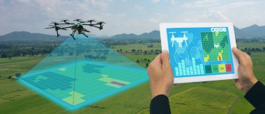 drone for agriculture, drone use for various fields like research analysis, safety,rescue, terrain scanning technology, monitoring soil hydration ,yield problem and send data to smart farmer on tablet clipart