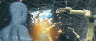 çok sanayi 4.0 kavramı, endüstri mühendisi makine gerçek zamanlı olarak izleme için yapay zeka AI (artar, sanal gerçeklik) kullanarak. Akıllı fabrika otomasyon robot kolu imalatında