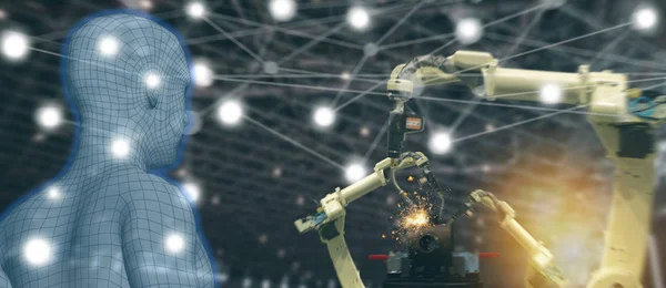 Iot Tendência Indústria Conceito Engenheiro Industrial Usando Inteligência Artificial Realidade — Fotografia de Stock