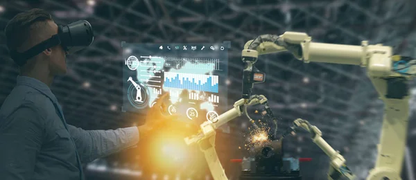 çok sanayi 4.0 kavramı, endüstriyel engineer(blurred) akıllı gözlük ile kullanarak karma makinesi gerçek zamanlı olarak izleme için sanal gerçeklik teknolojisi ile artar. Akıllı fabrika otomasyon robot kol