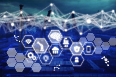 İnşaat kavramı, simge inşaat ağ bağlantısı ile mavi tonu arka plan üzerinde tel mesh teknolojisi ile modern ekran sanal arabirim ağ teknolojisi