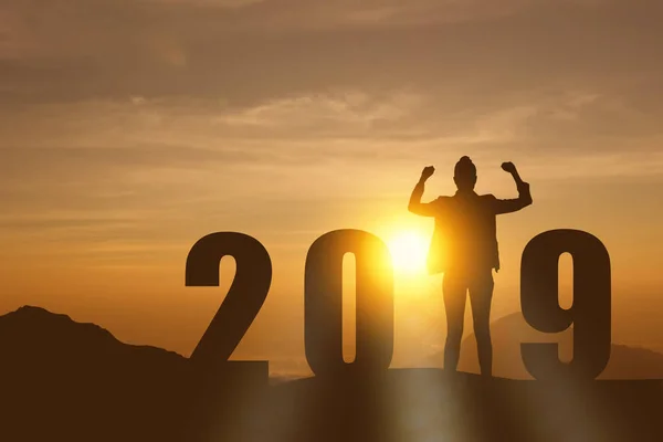 Celebrating New Year 2019 Silhouette Freedom Young Hope Business Woman — Stock Photo, Image