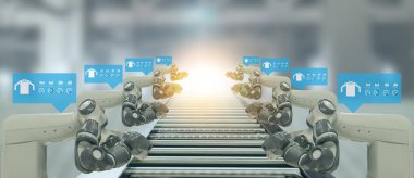 çok sanayi 4.0 konsept. Operasyon satırı sırasında veri yapay zeka kullanıcı arabirimi (UI) göstermek için artırılmış karışık sanal gerçeklik teknolojisi ile otomasyon robot savaş silahları kullanarak akıllı fabrikası