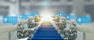 çok sanayi 4.0 konsept. Operasyon satırı sırasında veri yapay zeka kullanıcı arabirimi (UI) göstermek için artırılmış karışık sanal gerçeklik teknolojisi ile otomasyon robot savaş silahları kullanarak akıllı fabrikası