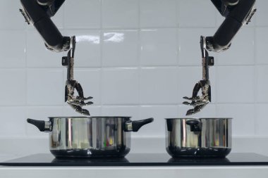 Akıllı kullanışlı hünerli Şef robot asistanı olarak mutfak teknoloji kavramı, robot el emir programı ve bu tarifi pişirme yapabilir ve kendi kendine Öğretim teknolojisi için güncelleştirme yeni menü
