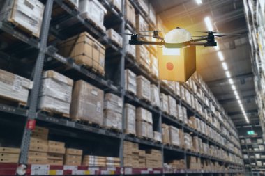 Akıllı depo kavramı, bir perakende uçak uçan taşımacılığında kullanmak bir dron (yapay zeka teknoloji teslim bir alet çantası, ürün, meyve, sebze, göndermek için dükkana müşteri vs