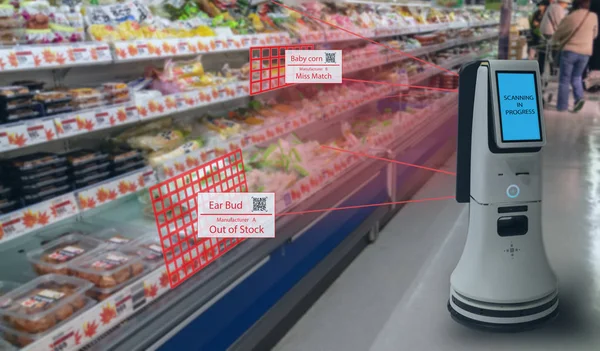 Concepto Venta Por Menor Inteligente Uso Servicio Robot Para Verificar — Foto de Stock