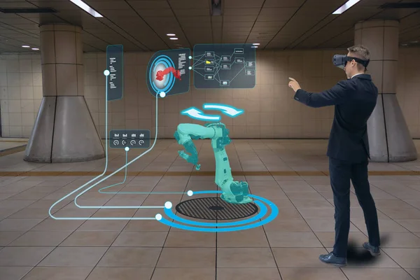 iot smart technology futuristic in industry 4.0 concept, engineer use augmented mixed virtual reality to education and training, repairs and maintenance, sales, product and site design, and more.