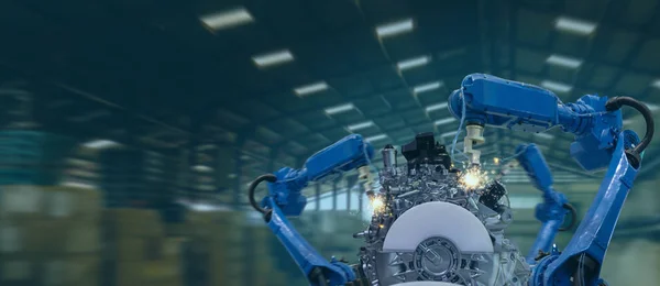 Iot Industrie Technologiekonzept Smart Factory Mit Zukunftsweisenden Automatisierungsroboterarmen Mit Teil — Stockfoto