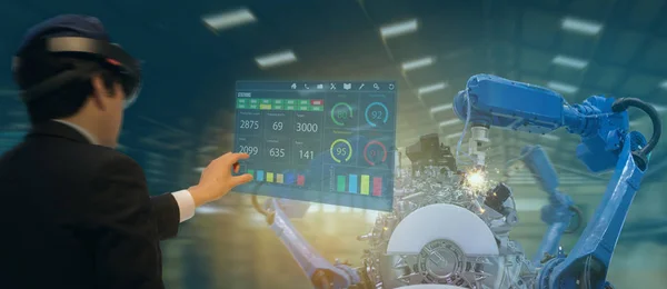 Iot Industri Koncept Industriella Engineer Blurred Med Smarta Glasögon Med — Stockfoto