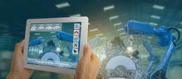 Iot Industrie Konzept Wirtschaftsingenieur Mit Software Augmented Virtual Reality Tablette — Stockfoto