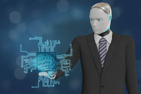 Rendering Robot Business Man Hold Brain Artificial Intelligent Board Circuit — Stock Photo, Image