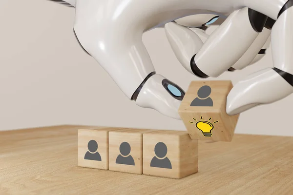 Rendering Kunstmatige Intelligente Robot Hand Draai Houten Kubus Met Menselijke — Stockfoto