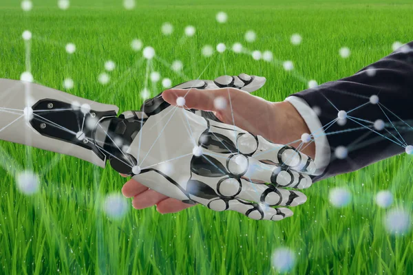 deep machine learning with artificial intelligence technology with neural network concept, hand man and robotic hand check hand to Collaborate, improvement, make a profit, ebitda, skill, decrease time