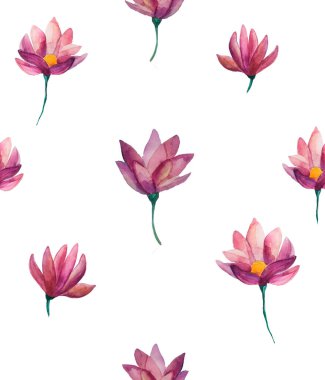 Beyaz arkaplanda, suluboya zambak çiçekleri, raster tekrarlama deseni