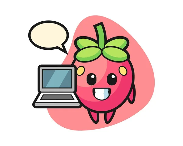 Erdbeer Karikatur Mit Laptop — Stockvektor