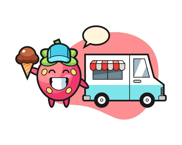 Erdbeer Cartoon Mit Eis Truck — Stockvektor