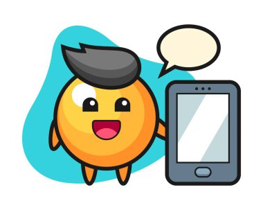 Masa tenisi topu çizgi filmi elinde akıllı telefon tutuyor.