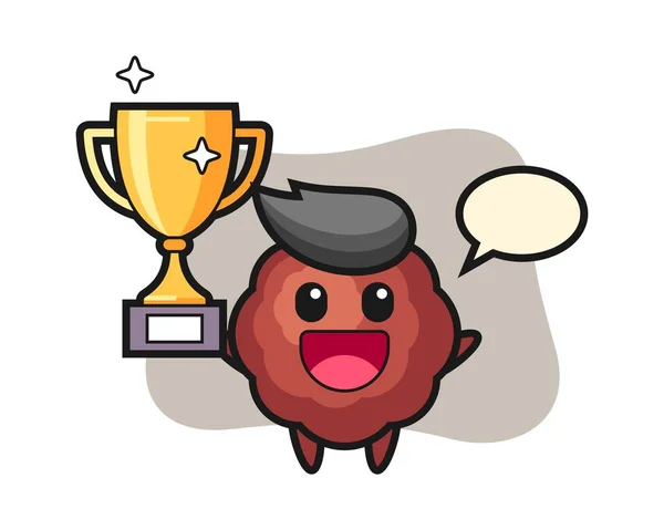 Meatball Cartoon Happy Holding Golden Trophy — Stock Vector