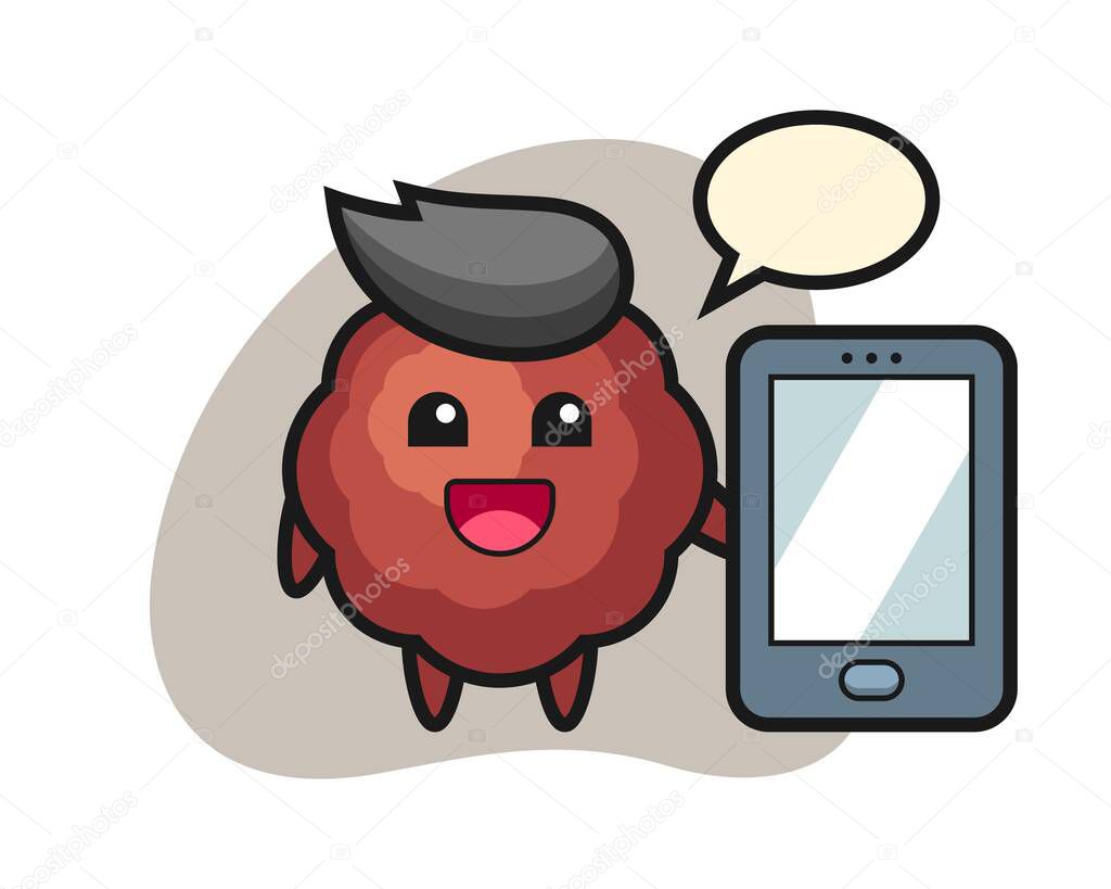 Meatball cartoon holding a smartphone