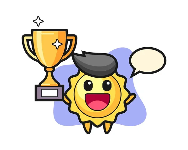 Sun Cartoon Happy Holding Golden Trophy — Stock Vector