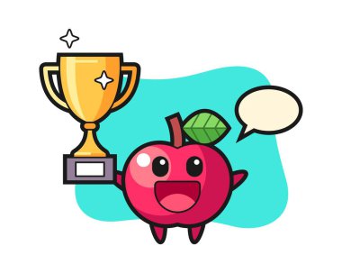 Elmanın çizgi film çizimi altın kupayı havada tutmaktan mutlu.