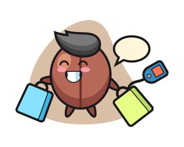 Kahve çekirdeği karikatürü bir alışveriş çantası tutuyor.