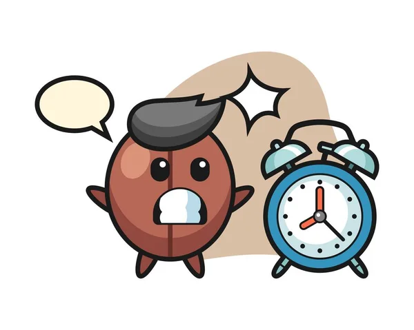 巨大な目覚まし時計に驚いてコーヒー豆漫画 — ストックベクタ