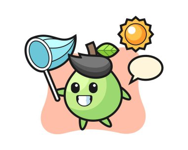 Guava maskotu illüstrasyonu kelebeği yakalıyor