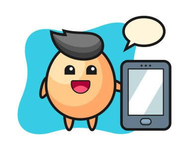 Yumurta çizimi çizgi filmi akıllı telefon tutuyor.