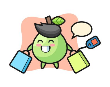 Guava maskot karikatürü bir alışveriş çantası tutuyor.
