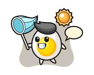 Haşlanmış yumurta maskotu çizimi kelebeği yakalıyor.