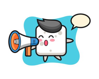 Şeker küpü karakteri çizimi bir megafon tutuyor