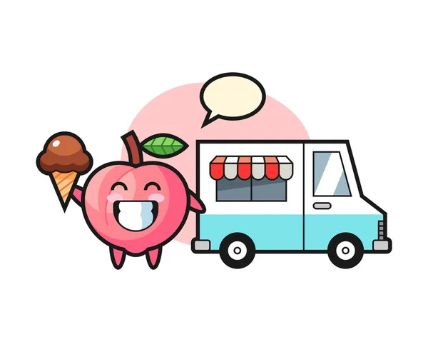 Mascota Dibujos Animados Melocotón Con Camión Helados — Vector de stock