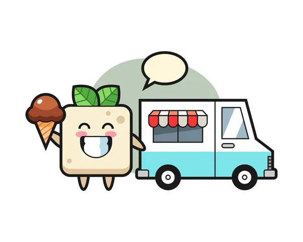 Cartone Animato Mascotte Tofu Con Camion Gelato — Vettoriale Stock