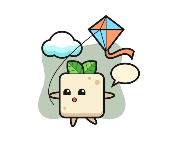 Tofu Mascot Illustration Playing Kite — Stock Vector