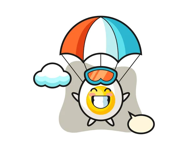 Kokt Ägg Maskot Tecknad Skydiving Med Glad Gest — Stock vektor
