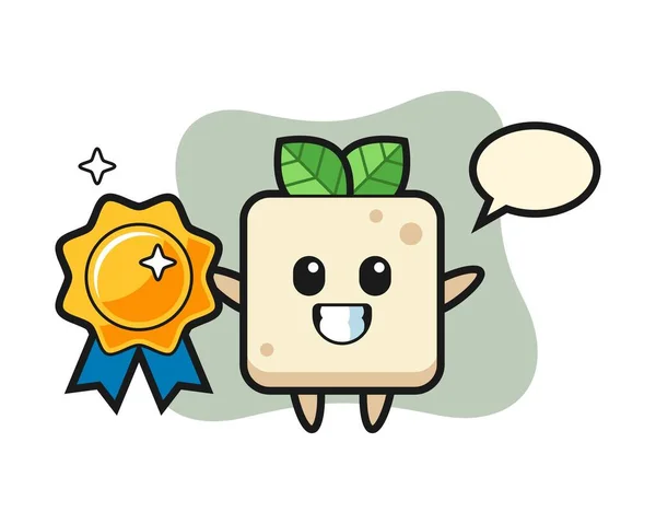 Ilustración Mascota Tofu Con Una Insignia Dorada — Vector de stock