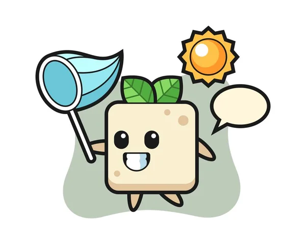 Tofu Mascota Ilustración Captura Mariposa — Vector de stock