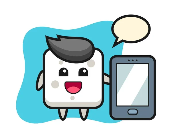 Cubo Açúcar Ilustração Cartoon Segurando Smartphone —  Vetores de Stock