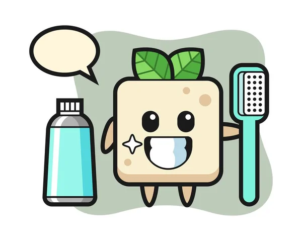 Mascota Ilustración Tofu Con Cepillo Dientes — Vector de stock