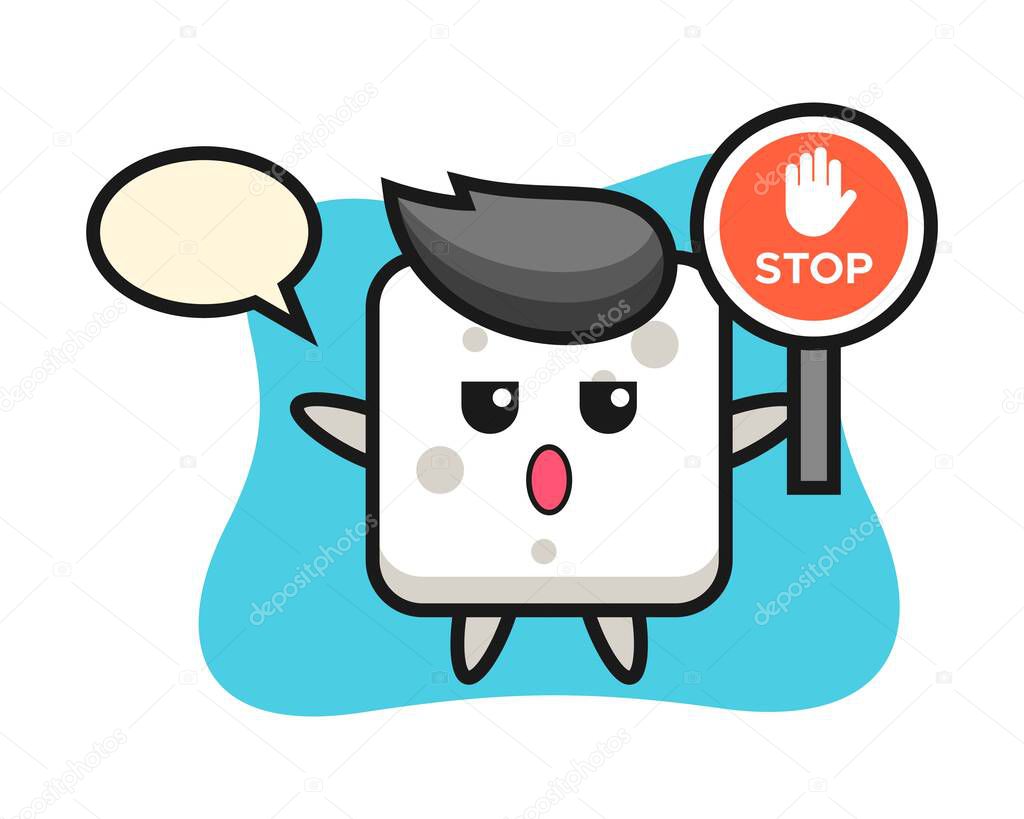Sugar cube character illustration holding a stop sign