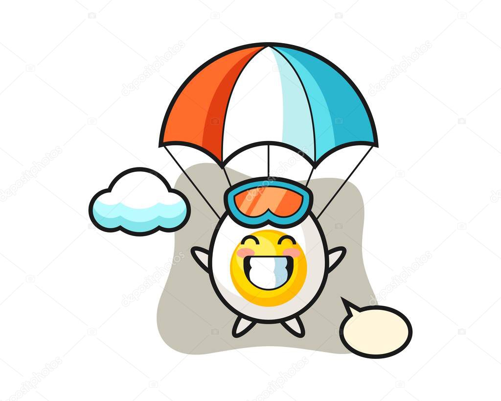 Boiled egg mascot cartoon is skydiving with happy gesture
