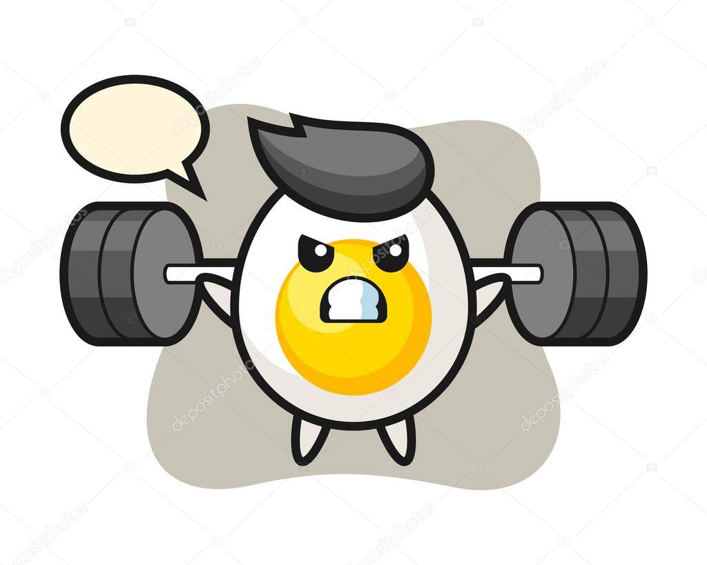 Boiled egg mascot cartoon with a barbell