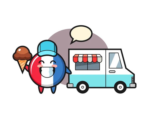 Карикатура Талисман Значком Флага Франции Фургоном Мороженым — стоковый вектор